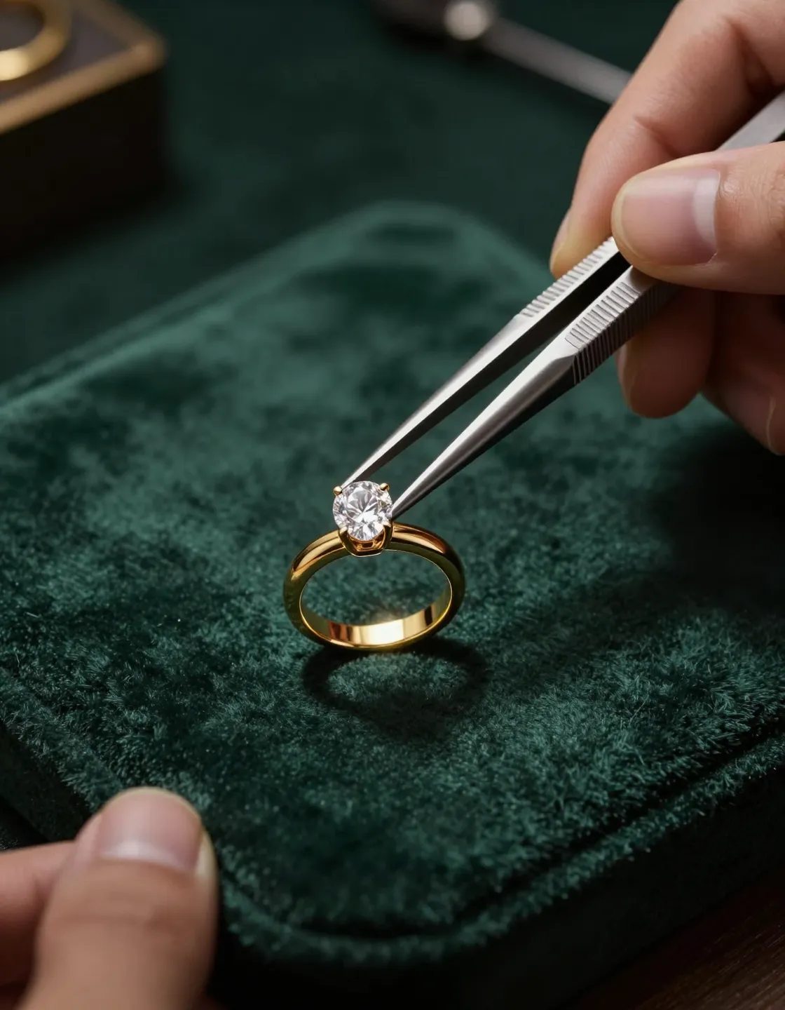 Pince de joaillier posant un diamant sur un solitaire en or, sur velours vert